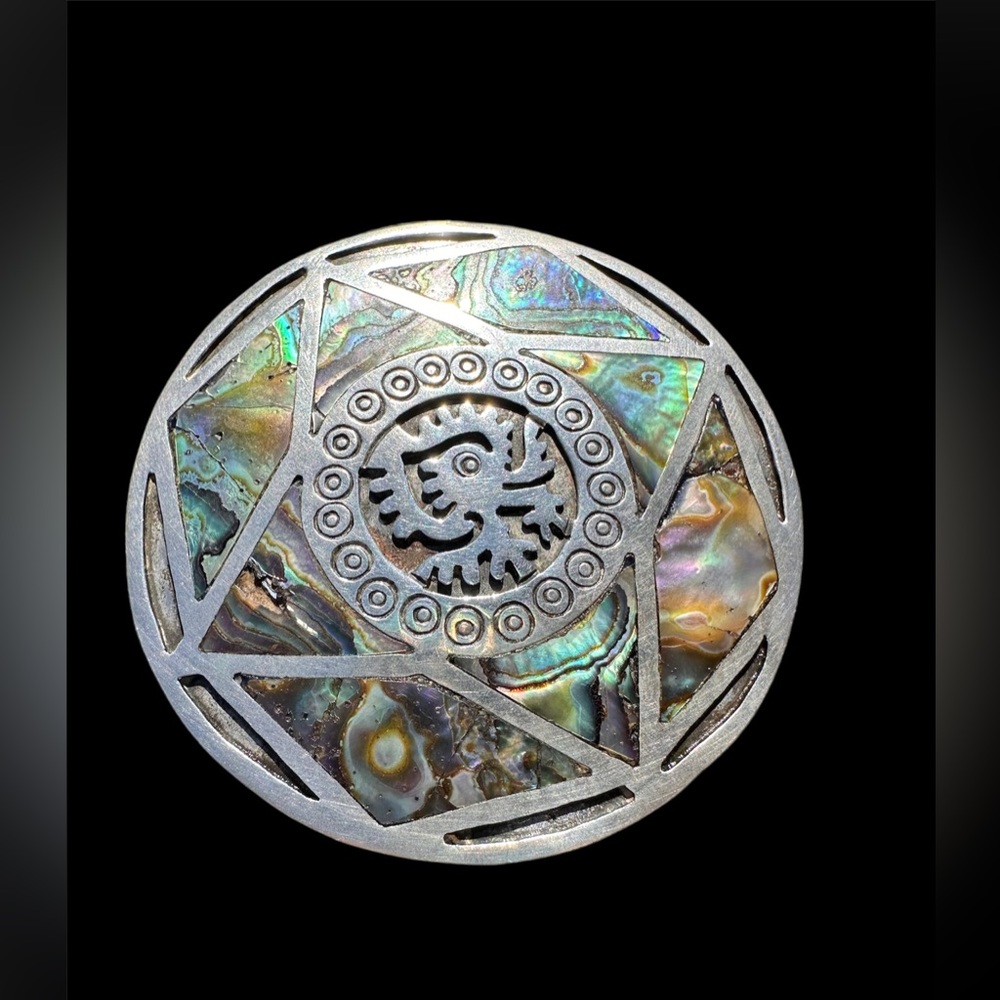 Taxco Sterling Silver Abalone Shell Brooch or Pendant Ozomatli Symbol Mexico
